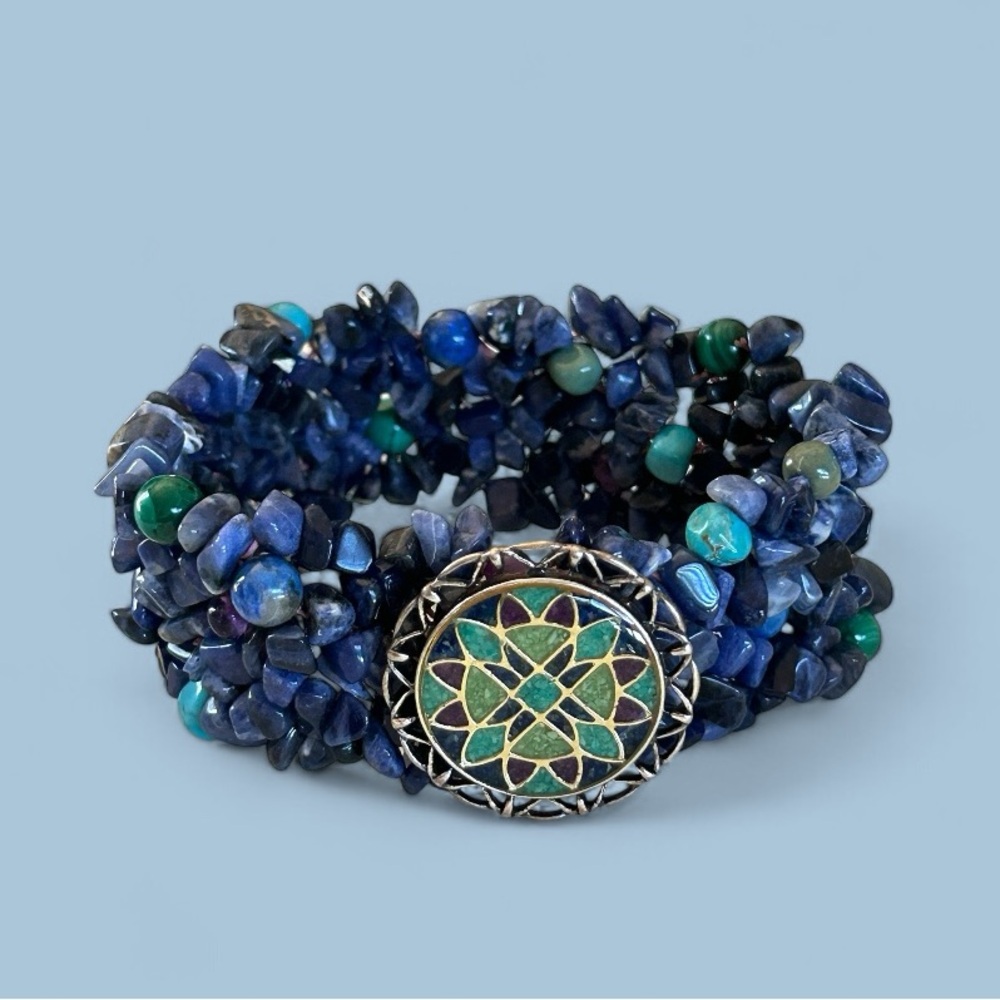 Carolyn Pollack 925 Sterling Silver Natural Gemstone Inlay Stretch Bracelet 6-8”